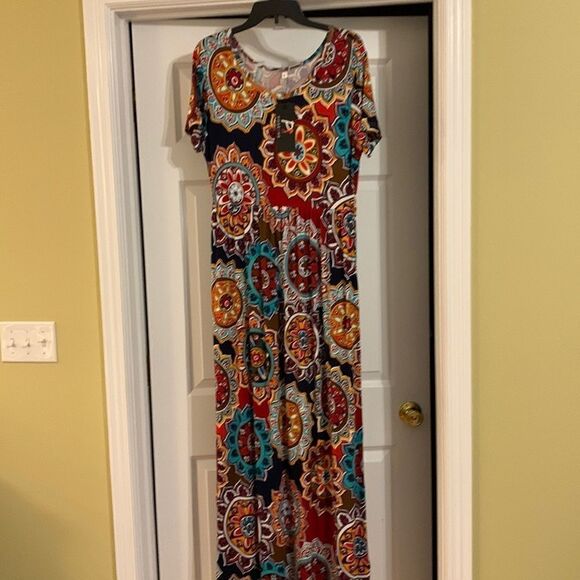 Poseshe pocketed maxi dress multicolor geometric design - Picture 1 of 5